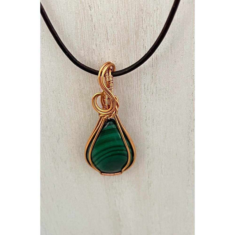 Handmade Malachite Pendant Necklace  Green Copper Wire Wrapped Teardrop‎